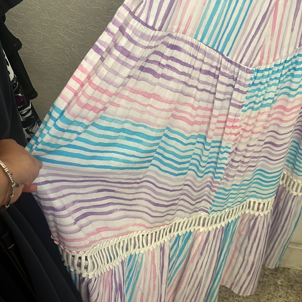 BINDU Angelica Size Small Turquoise and White Striped Maxi Dress Sundress - Picture 4 of 9